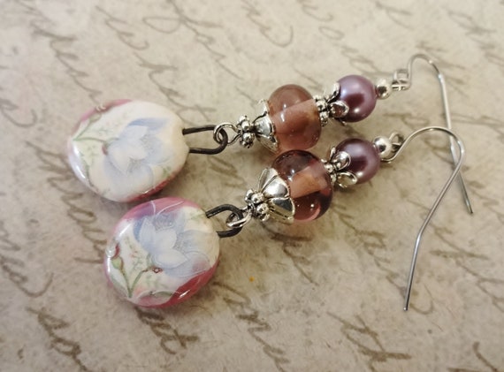 Lavender Porcelain Flower, Lamp Glass and Pearl Earrings, Artisan Made Porcelain Earrings, Unique Gift for Her