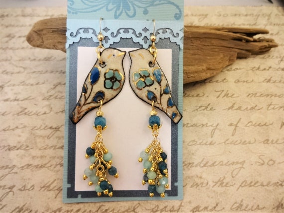 Blue and White Birds and Flowers Artisan Enamels with Apatite and Amazonite Faceted Drops, Gift for Her