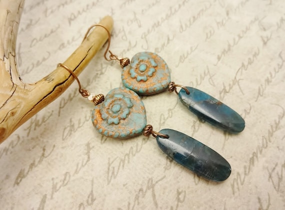 Blue Apatite and Czech Flower Heart Earrings