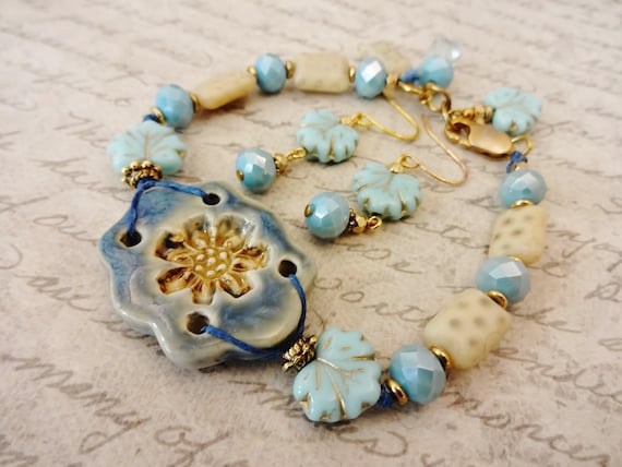 Artisan Ceramic Bracelet: Czech Glass and Maple Leaves in Blue & Cream