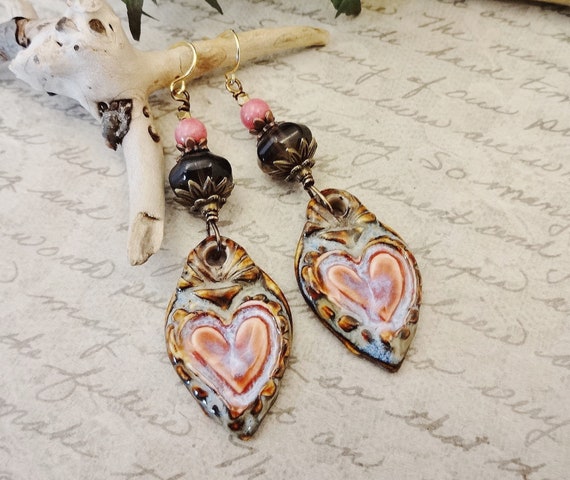 Bohemian Ceramic and Gemstone Earrings, Rose Pink and Brown Heart Earrings, Smoky Quartz and Rhodonite One of a Kind GIft for Her