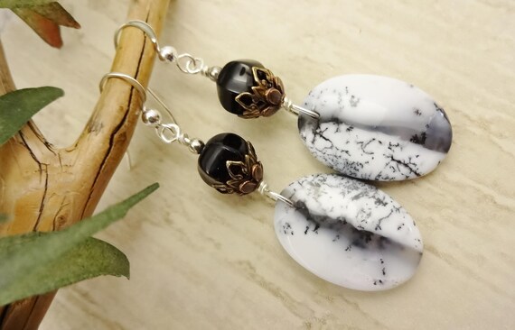 Dendritic Opal and Black Onyx Artisan Earrings, Black and White Earrings, Mixed Metal Earrings, October Birthstone