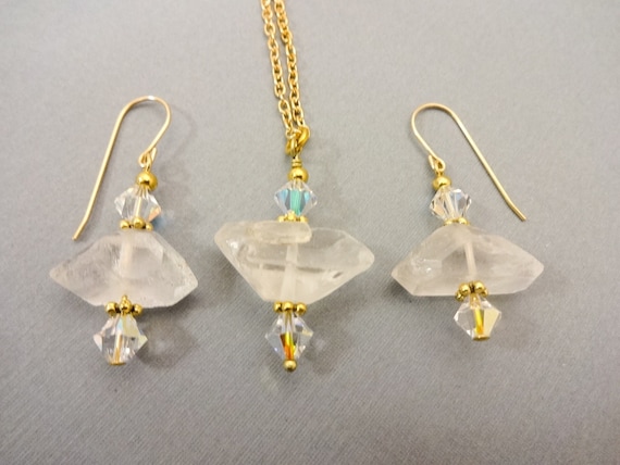 Quartz Crystal Earrings and Necklace Set, Rustic Crystal Pendant Necklace, Gift for Her