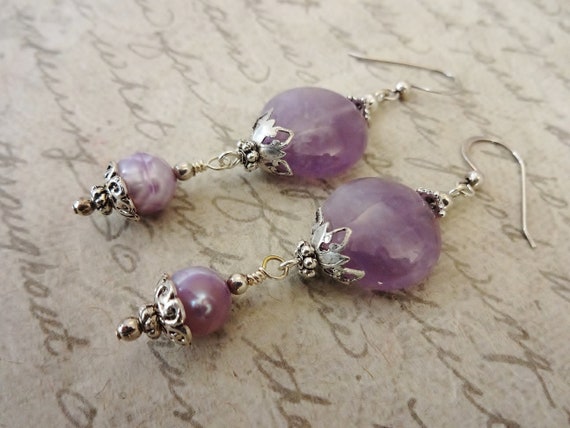 Lavender Amethyst and Pearl Earrings, February Birthstone Earrings, Lavender Earrings, Birthstone Jewelry, Gift for Her