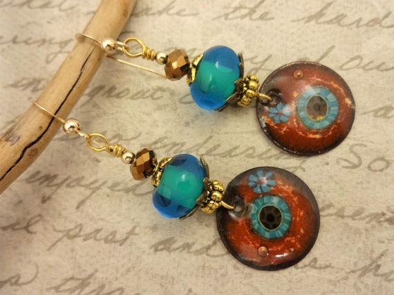 Artisan Enamel Earrings in Aqua Blue Green and Brown, Aqua Enamel Earrings, One of a Kind Jewelry, Handmade Gift