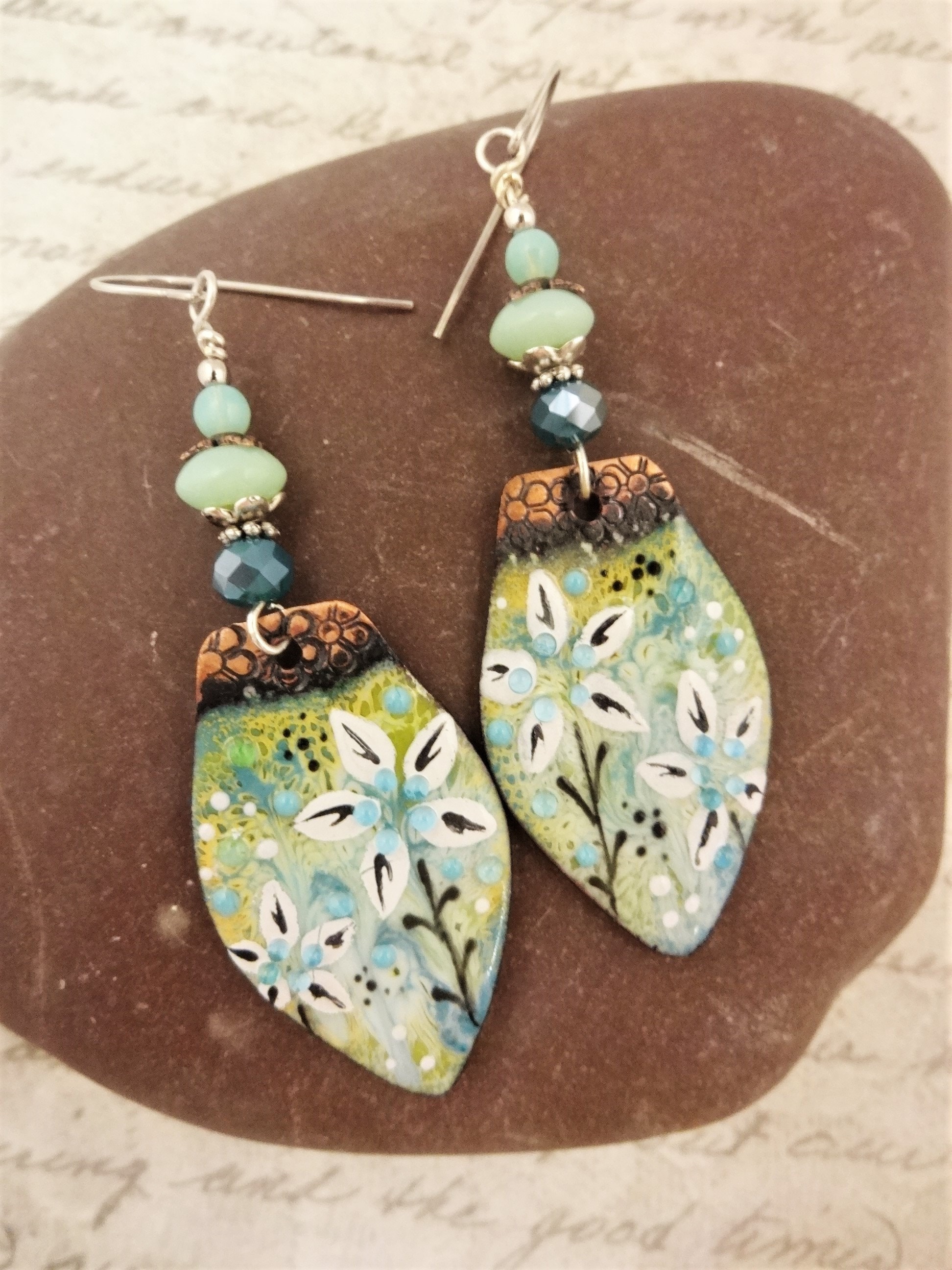 Artisan Enamel Earrings, Green and Blue Enamel Flower Earrings, One of ...