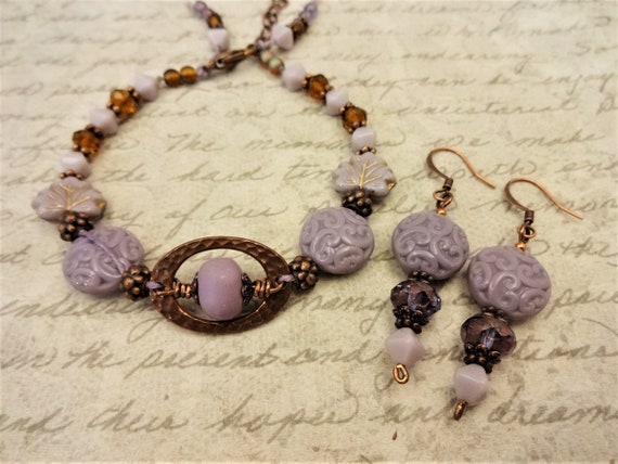 Dusty Lavender and Brown Earrings and Bracelet Set, Polymer Clay, Copper and Czech Glass Jewelry Set, Gift for Her