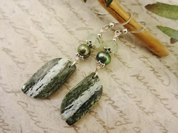 Green Gemstone Earrings, Green Zebra Jasper Prehnite and Pearl Earrings, Designer Stone Earrings, Gift for Her