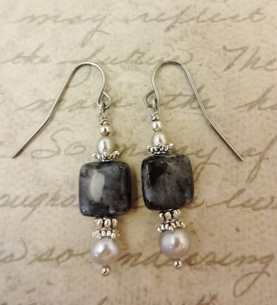 Larvikite Gemstone Earrings: Gray Pearl Dangle, Surgical Steel