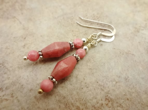 Rhodonite Gemstone Earrings, Rose Pink Stone Earrings, Rose Pink Jewelry, Gift for Her, Gift for Wife, Mother's Day Gift