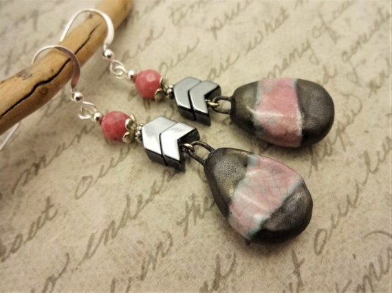 Pink and Metallic Gray Earrings, Artisan Porcelain, Rhodonite and Hematite Earrings, Gift for Her, Long Dangle Earrings