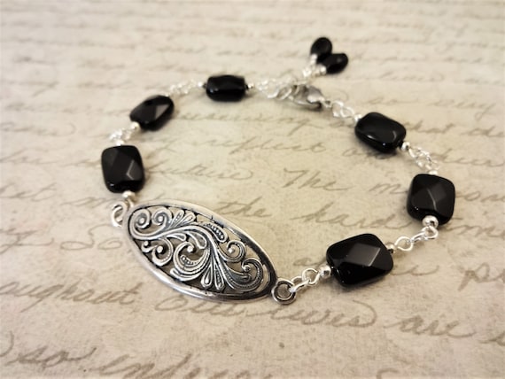 Black Onyx and Silver Filigree Bracelet, Black Gemstone Links Bracelet, Mother's Day Gift, Gift for Her, Gift for Mom