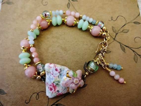 Artisan Ceramic Flower Bracelet in Pink Blue Green, Pink Opal, Green Glass, Blue Lace Agate, Gift for Her, Spring Jewelry