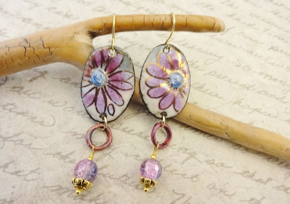 French Enamel Flower Earrings: Magenta, White, and Blue