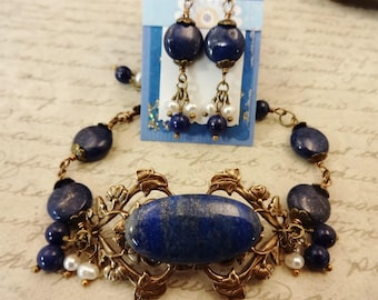 Lapis Pearls and Antique Brass Filigree Bracelet and Earring Set, Vintage Inspired Jewelry