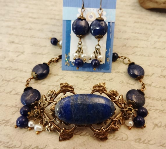 Lapis Pearls and Antique Brass Filigree Bracelet and Earring Set, Vintage Inspired Jewelry