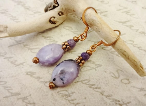 Sugilite Ovals and Amethyst Rondelles Earrings: with Copper