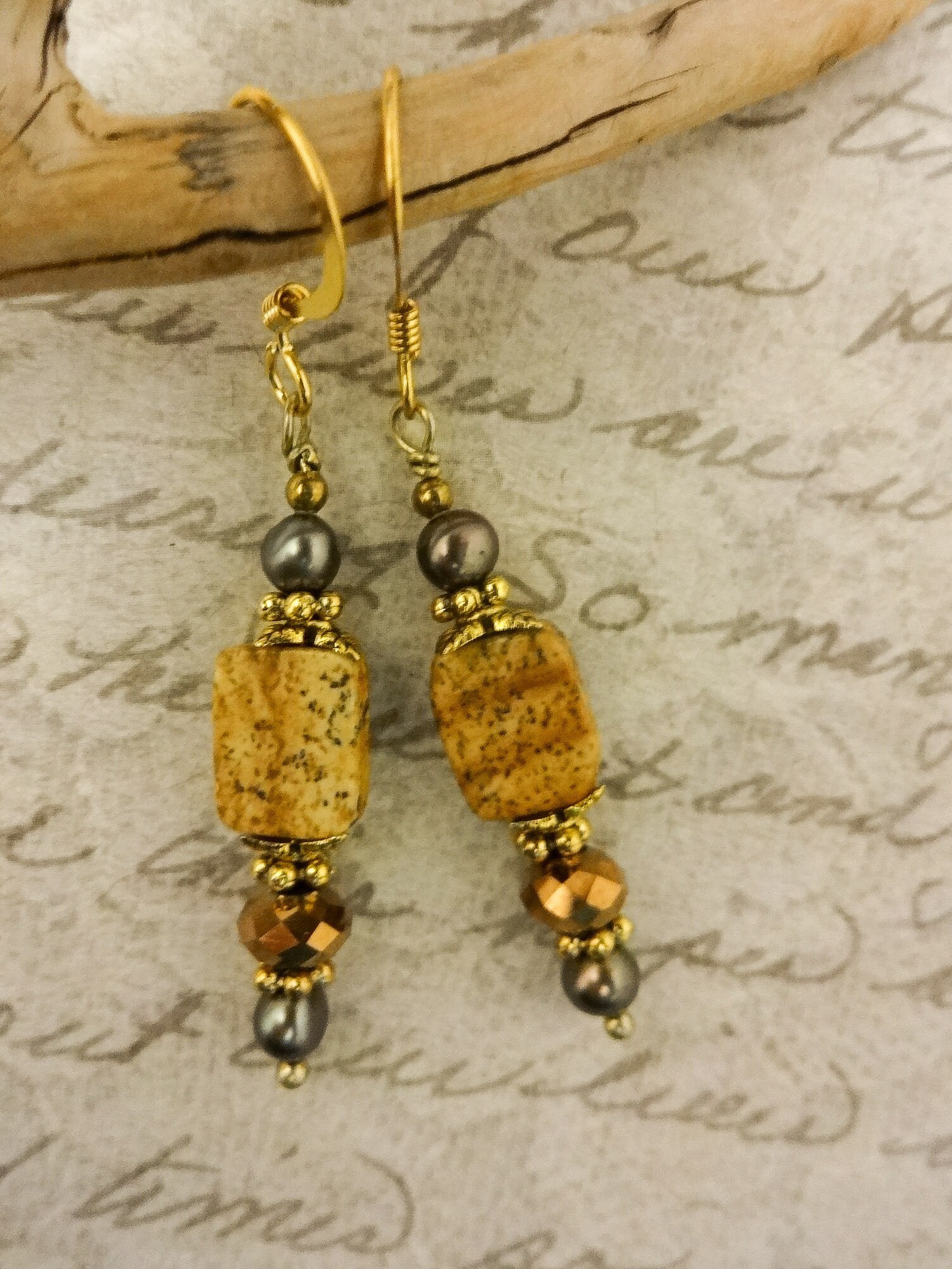 Picture Jasper and Pearl Earrings, Brown Gemstone Earrings, Jasper