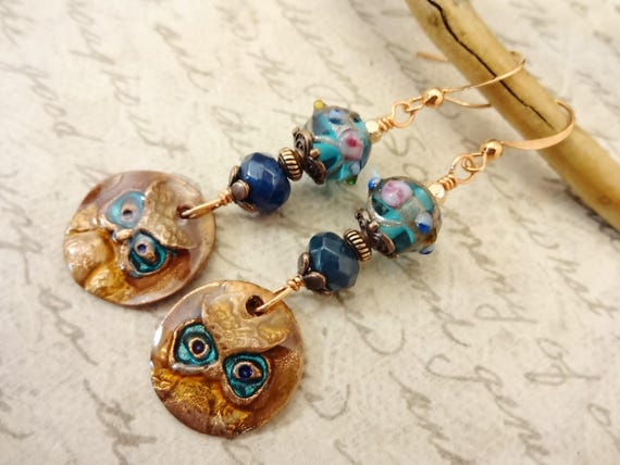Copper Owl, Lampwork Glass and Faceted Apatite Earrings, Artisan Earrings, Painted Copper Bird, Gift for Bird Lover, Gift for Her
