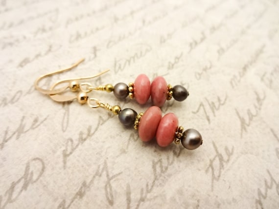 Rhodonite Gemstone Earrings, Rhodonite and Pearl Earrings, Pink and Brown Dangle Earrings, Gift for Her