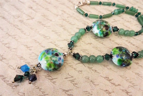 Lampwork Glass and Green Aventurine Necklace, Colorful Jewelry, Gift for Her