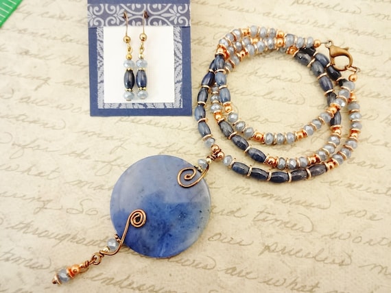 Dumortierite Pendant Necklace: With Blue Czech Glass