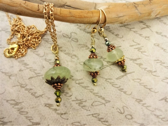 Prehnite Nuggets, Swarovski and Czech Crystals with Antique Copper and Brass, Necklace and Earrings Set, Gift for Her