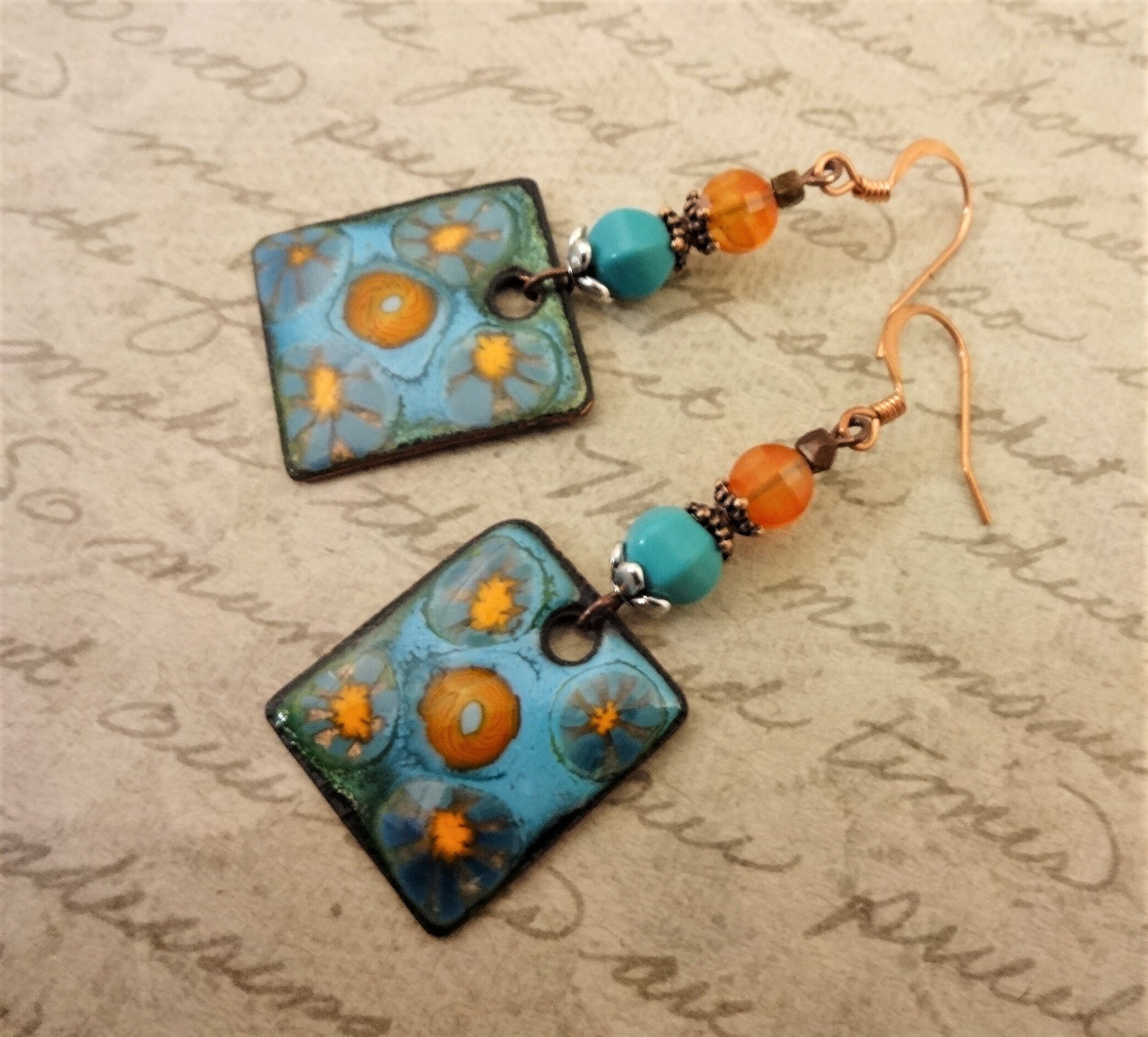 Artisan Enamel, Turquoise and Red Agate Earrings, Gemstone and Enamel ...