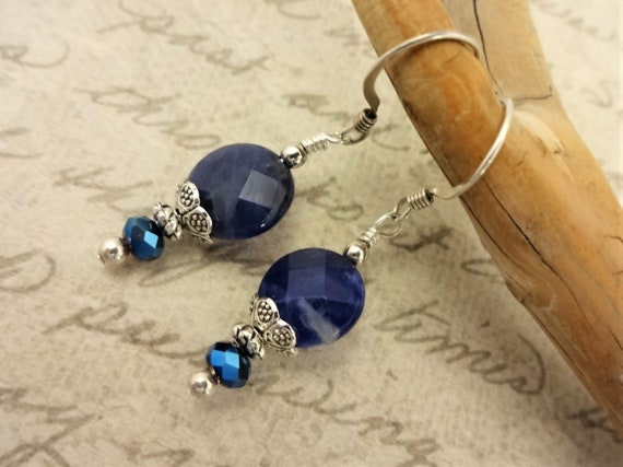 Blue Stone and Crystal Earrings, Sodalite Earrings, Everyday Earrings, Blue Gemstone Earrings