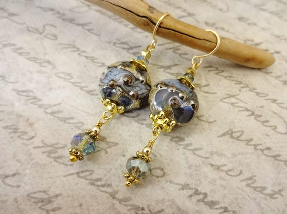 Lampwork Glass and Crystal Earrings: Blue, Green, and Gold