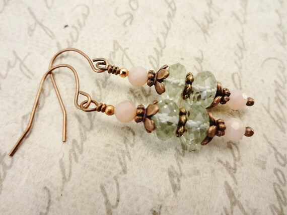 Green Fluorite and Pink Peruvian Opal Earrings, Faceted Gemstone Earrings with Copper Metals, Gift for Her, Spring Look