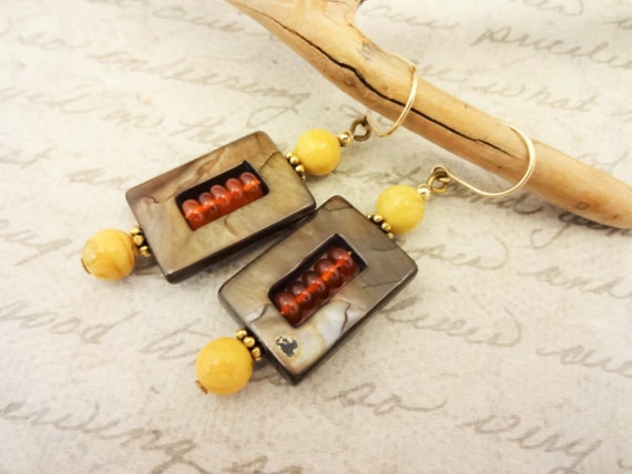 Brown Mother of Pearl Rectangles with Carnelian and Yellow Jasper, Unusual One of a Kind Boho Earrings