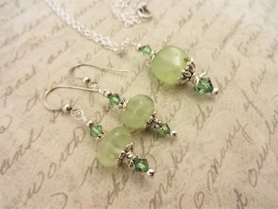 Prehnite Gemstone Nuggets and Swarovski Crystal Necklace and Earrings, Green Gemstone Jewelry, Gift for Her