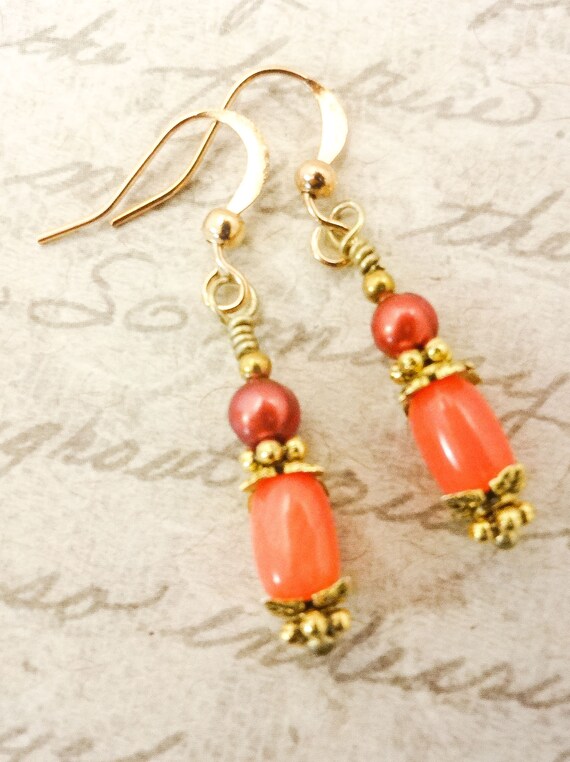 Peachy Coral and Burnt Orange Pearl Earrings, Short Dangle Earrings, Orange Gemstone Jewelry, Gift for wife, Gift for Mom