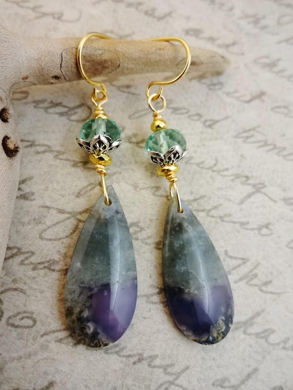 Moss Purple Agate Drop Earrings: Fluorite Gemstones
