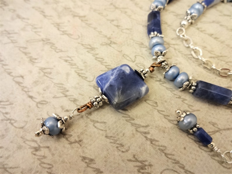 Sodalite and Light Blue Freshwater Pearls Necklace, Shades of Blue Jewelry, Sodalite Pendant Necklace image 8