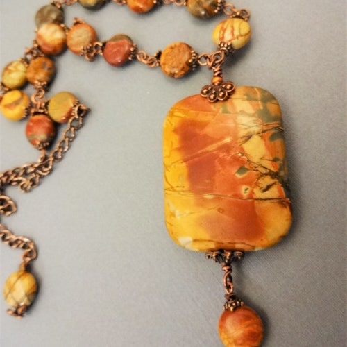 Colorful Red Creek Jasper Necklace, Antique Copper and Stone Necklace, Fall Colors Necklace and Earrings hot