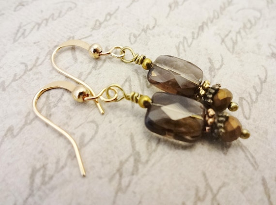Smoky Quartz and Czech Glass Earrings, 14k Gold Fill