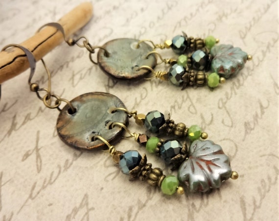 Bohemian Chandelier Earrings, Boho Jewelry, Green Dangle Earrings, Statement Earrings, Rustic Boho Earring