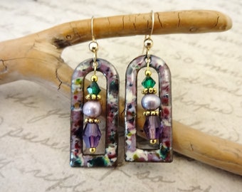 Enamel Amethyst and Pearl Earrings in Purple and Green, Artisan Enamel Earrings, Gift for Her, Mother's Day Gift