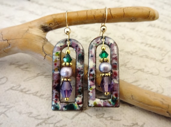 Enamel Amethyst and Pearl Earrings in Purple and Green, Artisan Enamel Earrings, Gift for Her, Mother's Day Gift