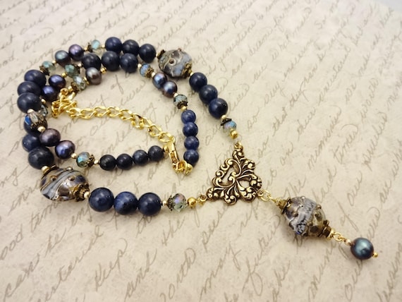 Statement Necklace With Artisan Lampwork, Dumortierite and Czech Glass in Blue and Green, Gift for Her