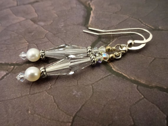 Swarovski Crystal, White Pearl Earrings, Bridal Earrings, Sterling Silver and Crystal Earrings, White Earrings, Crystal and Pearl Earrings