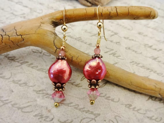 Rose Red Coin Pearl Dangle Earrings: Swarovski Crystal Pink Tourmaline & Gold Fill
