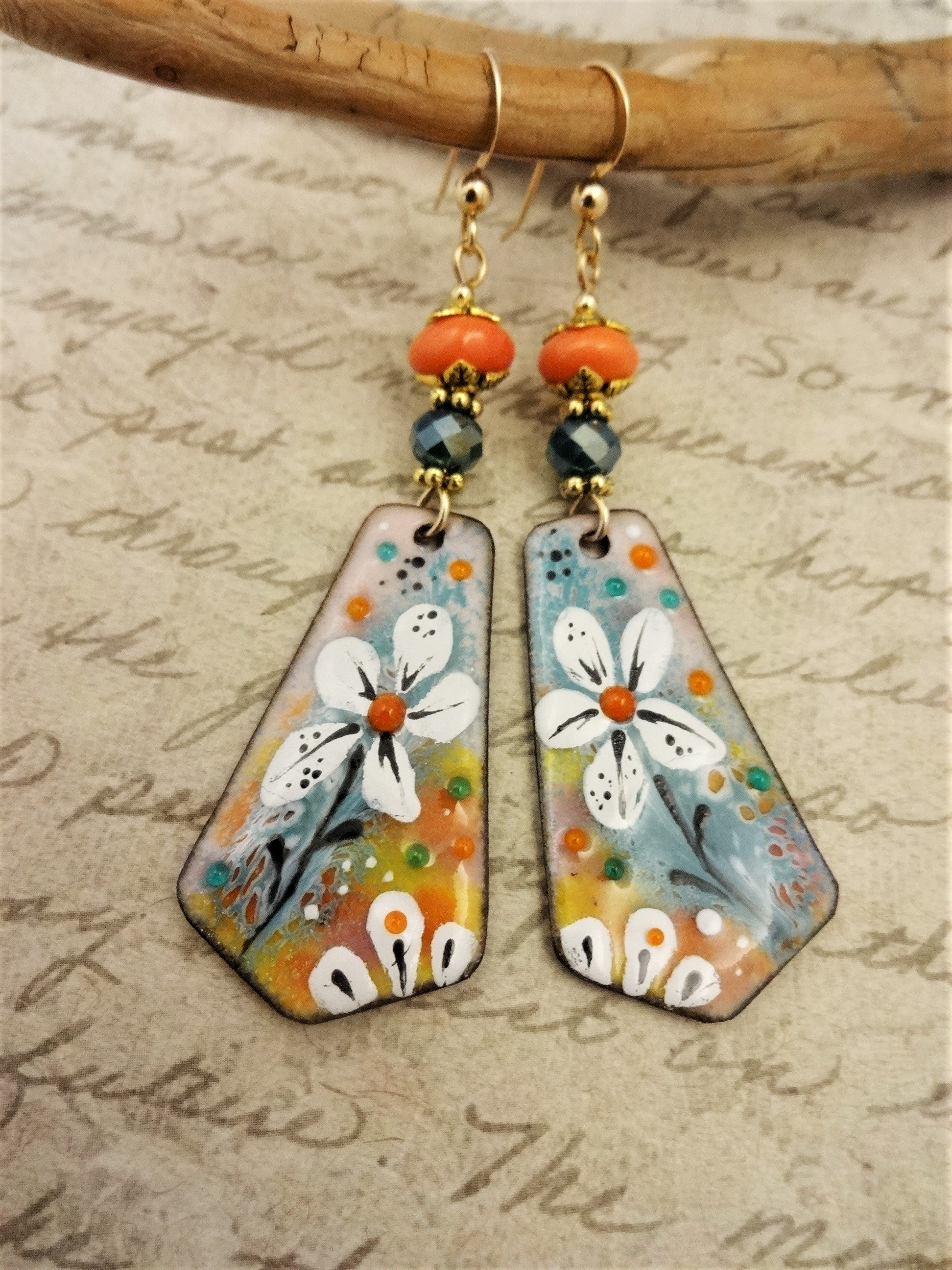 Artisan Enamel Earrings, Aqua and Orange One of a Kind Artisan Earrings