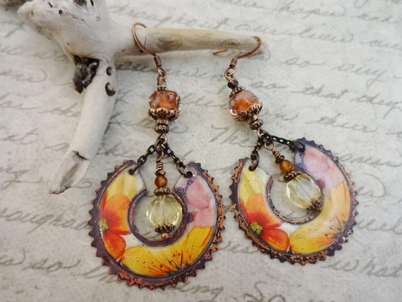 Handmade Enamel Earrings: Lampwork Glass, Citrine, Hessonite Garnet, Yellow Orange Pink