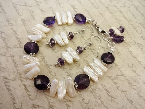 Amethyst and Biwa Pearl Gemstone Bracelet and Earrings, Purple and White Gemstone Jewelry, February Birthstone, Gift for Her