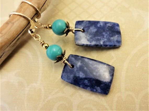 Sodalite and Turquoise Earrings, Blue Gemstone Earrings, Blue Stone Jewelry, Natural Gemstones, Gift for Her