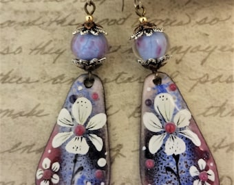 Artisan Enamel Flower Earrings: Blue Rose Sterling Silver Hooks