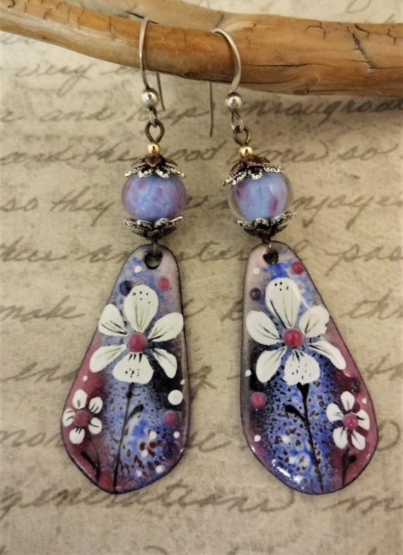 Artisan Enamel Flower Earrings: Blue Rose Sterling Silver Hooks